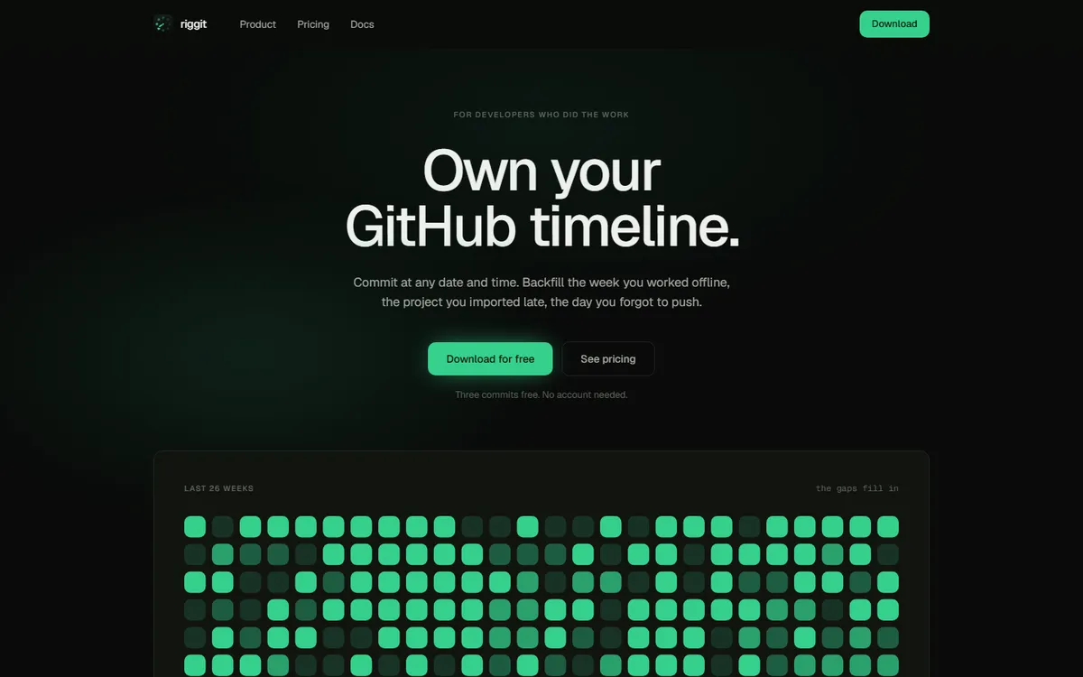 The Riggit landing page, with a filled-in contribution graph