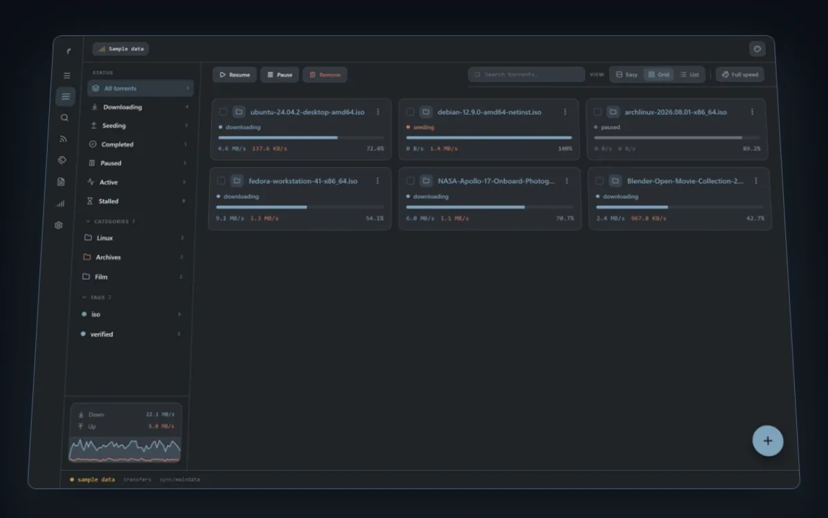 The rigseed app: a sidebar of torrent filters beside a grid of downloads with speeds and progress