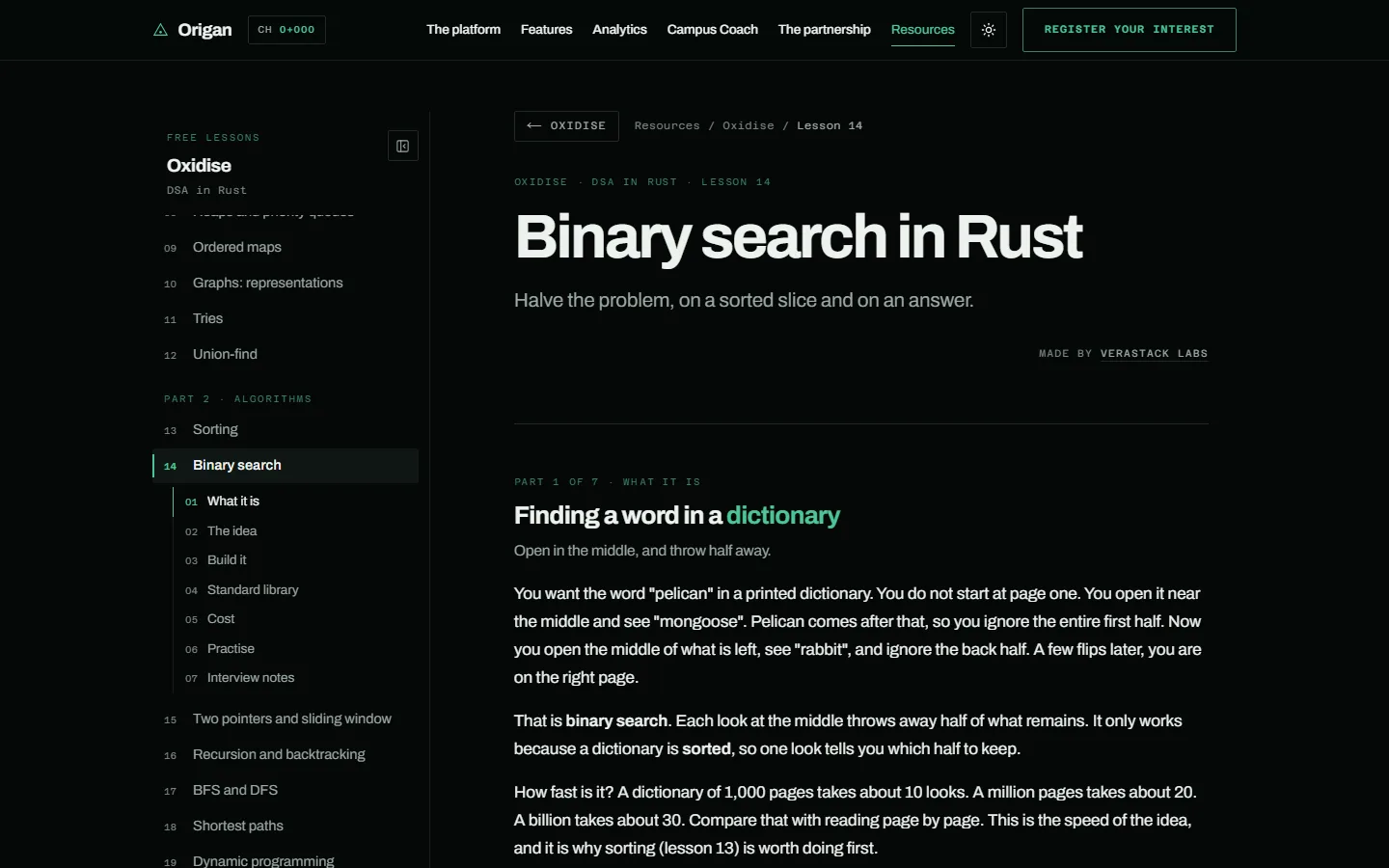 Oxidise lesson 14, Binary search in Rust, with the chapters sidebar open